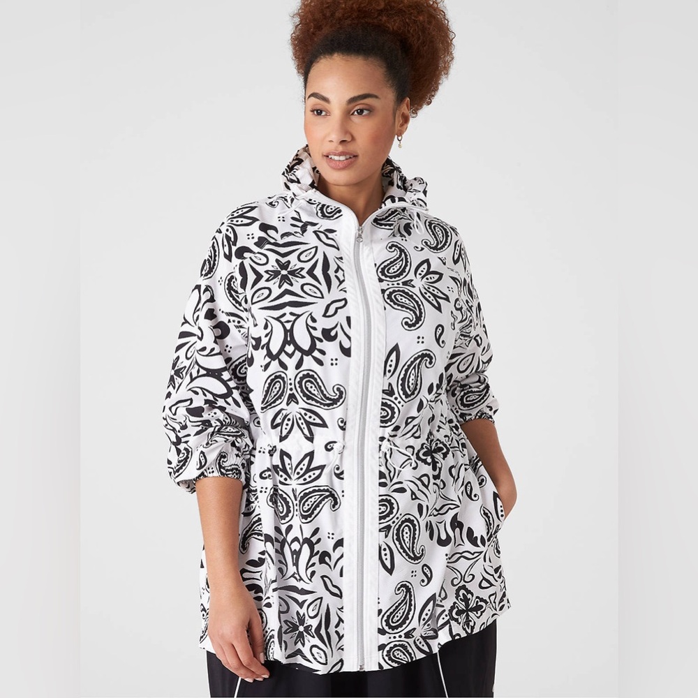 Livi Active for Lane Bryant black and white drawstring jacket with zipper front.